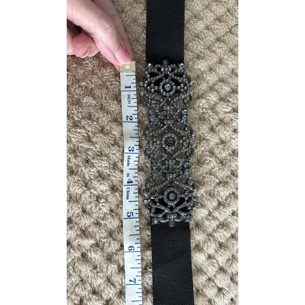 BCBG MAXAZRIA Black Platinum Rhinestone Medallion Elastic Belt | OS